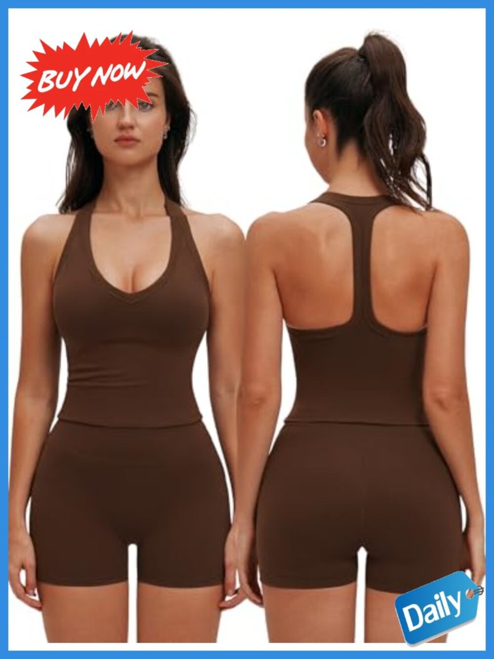 Padded V Neck Racerback Tank Top High Waist Biker Shorts Workout Set